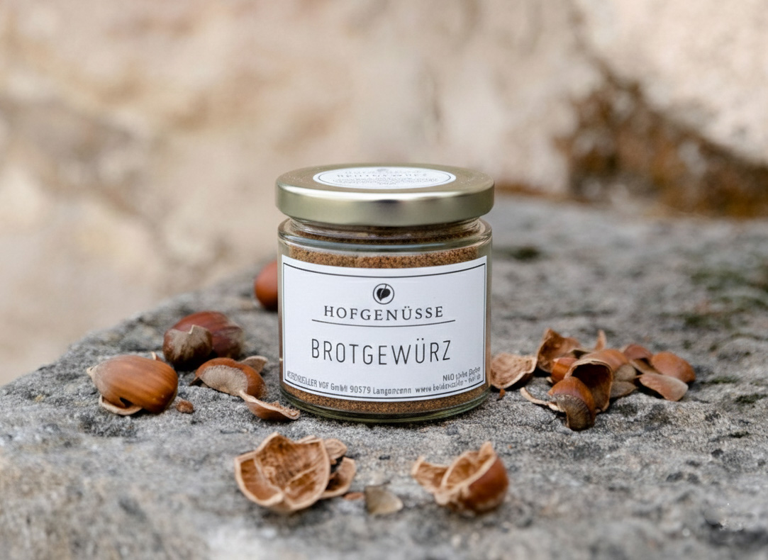 Ein Glas mit aromatischem Brotgewürz steht auf einem rustikalen Stein, umgeben von knackigen Haselnüssen und Schalen. Ein Glas mit aromatischem Brotgewürz steht auf einem rustikalen Stein, umgeben von knackigen Haselnüssen und Schalen.